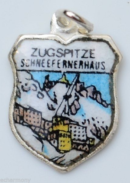 Zugspitze Schneefernerhausl GERMANY Vintage Silver Enamel Travel Shield Charm - Click Image to Close